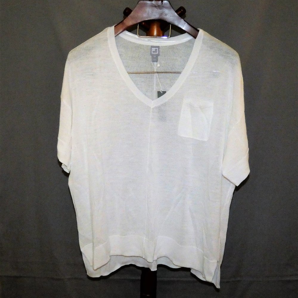 JCP White Sheer Pullover Knit Top High Low V-Neck